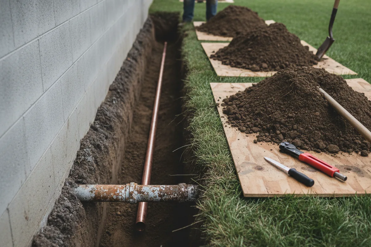 Excavated water line trench during Water Softener Installation in Woolford
